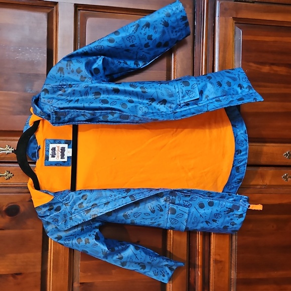 Blue Kids Rain Jacket with Orange Lining, Dinosaur Pattern, 4T - Picture 4 of 8